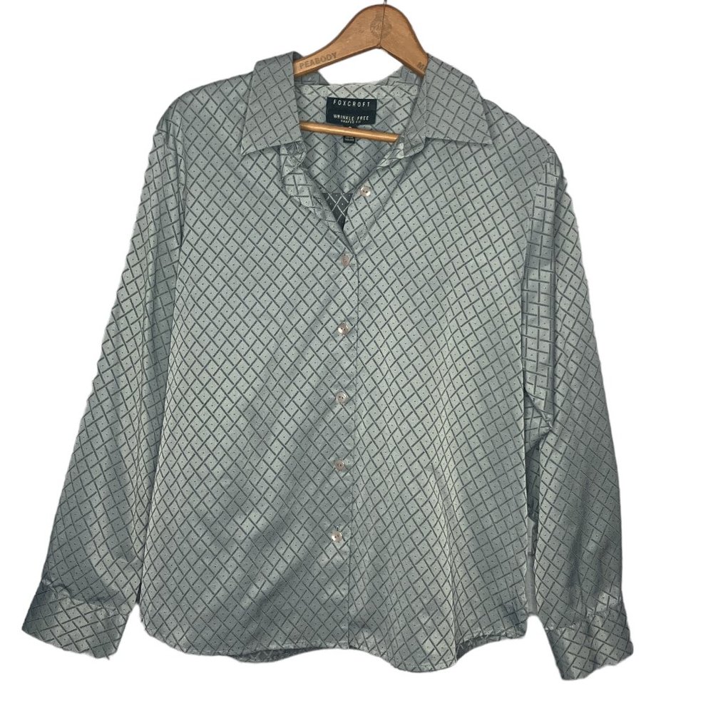 Foxcroft Petites 12 12P Gray Diamond Print Wrinkle Free Shaped Fit Blouse Top